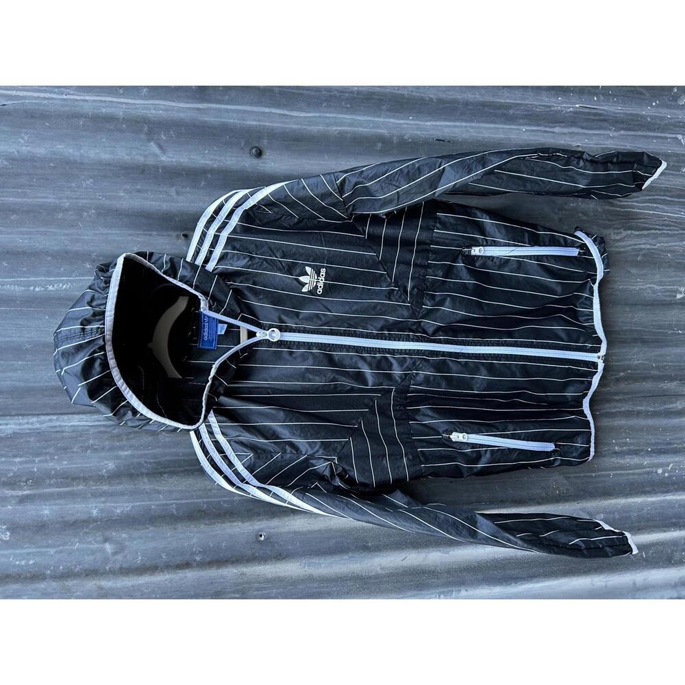 Adidas Women's Black Pinstripe Windbreaker with Hood Size Small